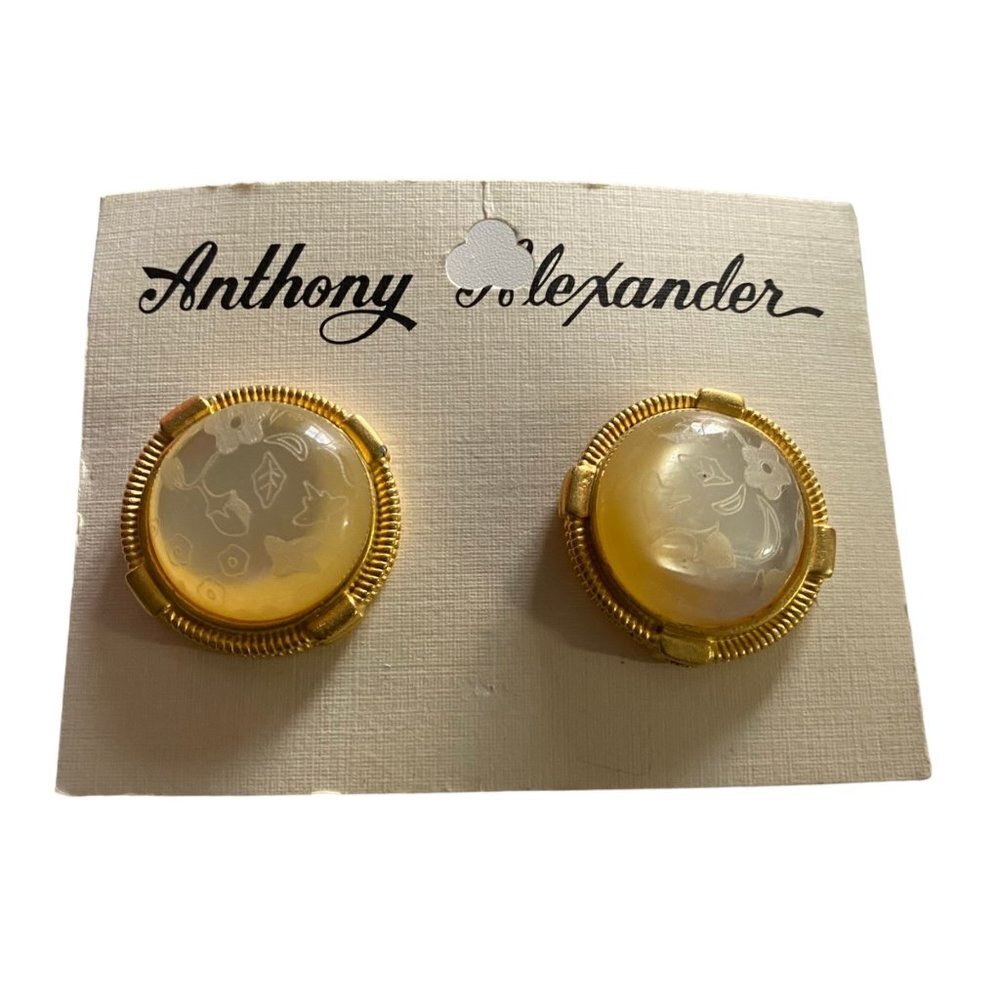Vtg Anthony Alexander Clip On Earrings Floral Etched Gold‎ Tone Statement  NEW